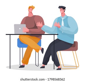 Teamwork, office workers, man with laptop sitting at table and talking with friend, colleagues discussing work, strategy, people working, partners, project managers, businesspeople communication