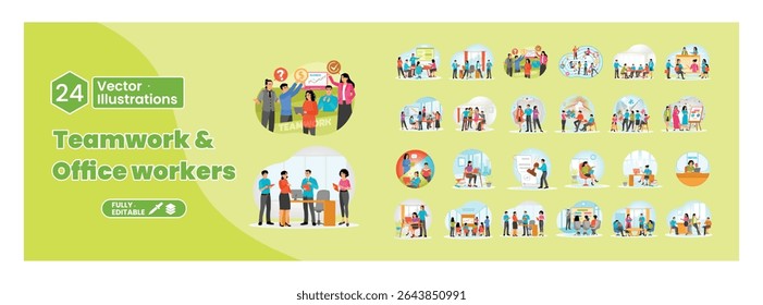 Teamwork and office workers theme. A group of employees are engaged in business meetings, negotiations, brainstorming and talking to each other. Mega set.