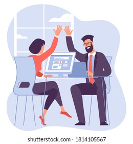 Teamwork. Office workers, young man and woman give high five to each other. Flat design vector concept of a successfully performed task.