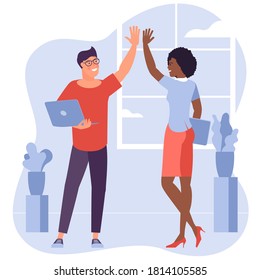 Teamwork. Office workers, young man and woman give high five to each other. successfully performed task, flat design vector concept.