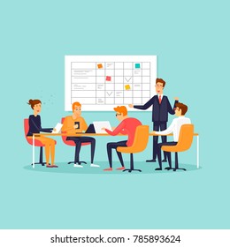 Teamwork, office, workplace, characters, business, planning board. Flat design vector illustration.