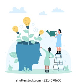 Teamwork on creative idea development and innovation, growing skills and motivation vector illustration. Cartoon tiny people grow yellow light bulb plants inside open brain of abstract human head