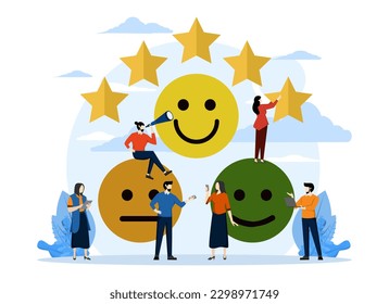teamwork on customer reviews and reviews, customer feedback smiles in happy sad emoji circles. rating instead of star emoticon icon, review rating, product quality vector illustration