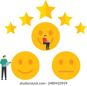 teamwork on customer reviews and reviews, customer feedback smiles in happy sad emoji circles. rating instead of star emoticon icon, review rating, product quality vector illustration