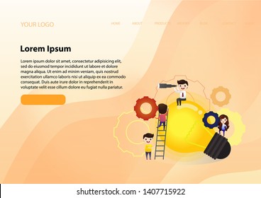 Teamwork on finding new ideas, little people launch a mechanism, search for new solutions, creative work, vector, illustration.