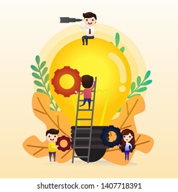 Teamwork on finding new ideas, little people launch a mechanism, search for new solutions, creative work, vector, illustration.