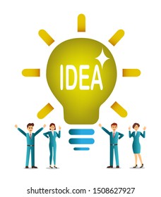 Teamwork on finding new ideas, little people launch a mechanism, search for new solutions, creative work. vector illustration.