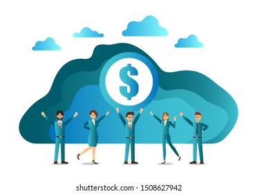 Teamwork on finding new ideas, little people launch a mechanism, search for new solutions, creative work. vector illustration.