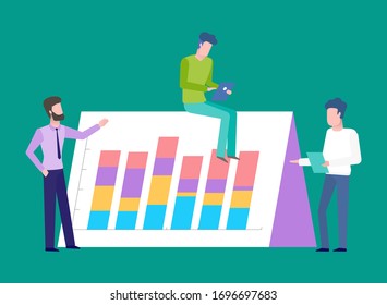 Teamwork on new project development vector, male wearing suits and formal clothes working with laptop and analysis of information, computer and board