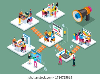 Teamwork on a new project. Different stages of product development. Analytics, strategy, thinking and presentation. Deatailed isometric 3d  illustration.