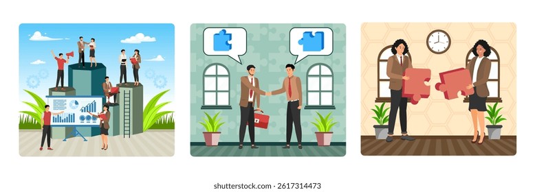 Teamwork on performance, brainstorming, card investment management. Human resources department by the hand of a businessman. Two People collect puzzles guy and girl connect chain of puzzles. 