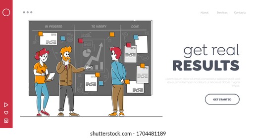 Teamwork on Project Using Agile Development Technology Landing Page Template. Business People Characters Discussing Strategic Plan of Business Processes at Scrum Task Board. Linear Vector Illustration