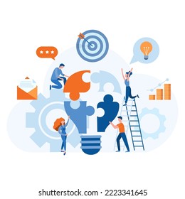 Teamwork on a puzzle light bulb. Marketing, finding a solution, a successful startup vector illustration.