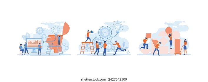 Trabajo en equipo en Idea de Realización, Trabajo en equipo en la búsqueda de nuevas ideas, poca gente lanza un mecanismo, Trabajo en equipo Cooperación. Ilustración moderna del vector plano del trabajo del equipo 3