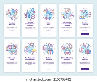 Teamwork onboarding mobile app screen set. Build productive team walkthrough 5 steps graphic instructions pages with linear concepts. UI, UX, GUI template. Myriad Pro-Bold, Regular fonts used