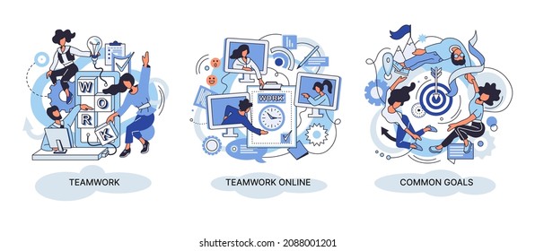 Teamwork online, common goals banners set. Business meeting successful teamwork concept. Businessman and woman characters with laptop communicating, collaborating, brainstorming, discussion idea
