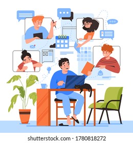 Teamwork online home office, team people working, video conference and e-mail communication, vector flat illustration. Freelancers online office and teamwork, business management tasks and schedules