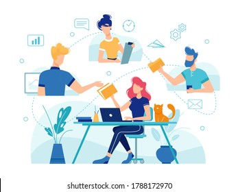 Teamwork online home office, team people work management and communication, vector flat and thin line illustration. Home office freelance teamwork online management tasks, e-mail and video conference