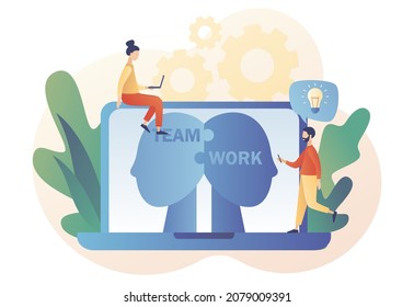 Teamwork online. Human heads puzzle. Business concept. Mutual understanding. Knowledge, psychology, memory, logic. Mental health. Modern flat cartoon style. Vector illustration on white background