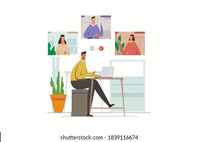 Teamwork Online Meeting With Webcam. Businessman or employee work at home, video conferences. Male Character. Flat vector illustration