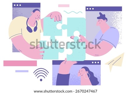 Teamwork online, remote brainstorm, collaboration concept. Virtual teams business partners working online solving common corporate tasks together during collaboration on laptops illustration