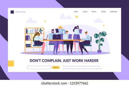 Teamwork in Openspace Office Landing Page Template. Corporate Business Team People Working by Laptops at Desk. Coworking Space with Man for Website or Web Page. Flat Cartoon Vector Illustration