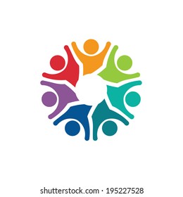 Teamwork Optimistic group of 7 people image. Concept of community, friendship, social web. Vector icon
