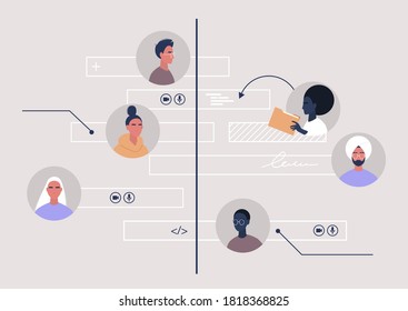 A teamwork organisational timeline scheme, a diverse group of young professionals working together on a project