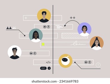 A teamwork organisational timeline scheme, a diverse group of young professionals working together on a project