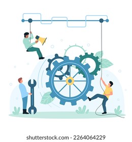 Teamwork organization, automation technology vector illustration. Cartoon tiny people work with gears and cogwheels of mechanism, engineering and training workflow of effective business communication