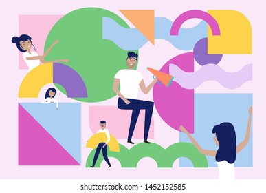 Teamwork and organization concept. Illustration of group of people organizing and arranging abstract geometric shapes. Editable vector illustration.