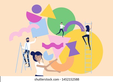 Teamwork and organization concept. Illustration of group of people organizing and arranging abstract geometric shapes. Editable vector illustration.