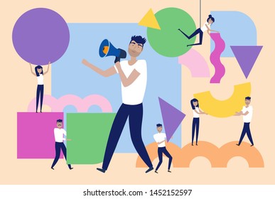 Teamwork and organization concept. Illustration of group of people organizing and arranging abstract geometric shapes. Editable vector illustration.