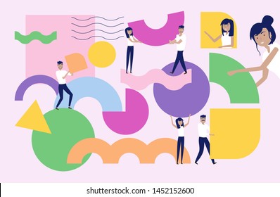 Teamwork and organization concept. Illustration of group of people organizing and arranging abstract geometric shapes. Editable vector illustration.