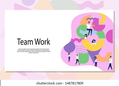 Teamwork and organization concept. Illustration of group of people organizing and arranging abstract geometric shapes. Editable vector illustration. Web Page Banner.