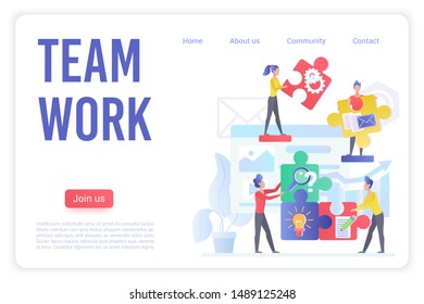 Teamwork organization landing page vector template. Team building exercises website homepage interface layout with flat vector illustrations. Successful project management web banner cartoon concept