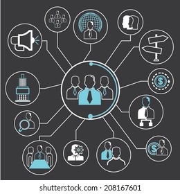 teamwork and organization management concept info graphic in black background