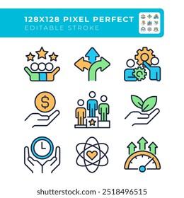 Teamwork organization RGB pixel perfect color icons set. Workflow management. Time saving, ecology preservation. Isolated vector illustrations. Simple filled line drawings collection. Editable stroke