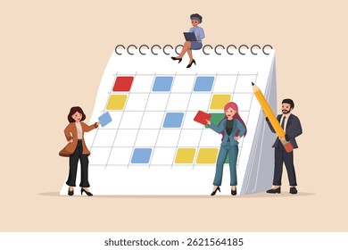 Trabajo en equipo y programación de Organizaciones y fechas límite de reuniones en un calendario Grande.