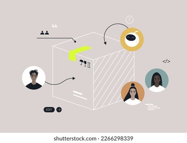 A teamwork organizational scheme, a diverse group of young professionals developing a product, an AI generator as a team member