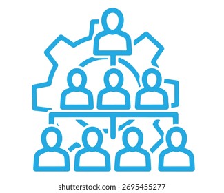 Teamarbeit und Organisationsstruktur ein Hierarchiediagramm mit Zahnradhintergrund, das die Zusammenarbeit und das Management innerhalb eines Unternehmens symbolisiert, einzeln auf weißem Hintergrund