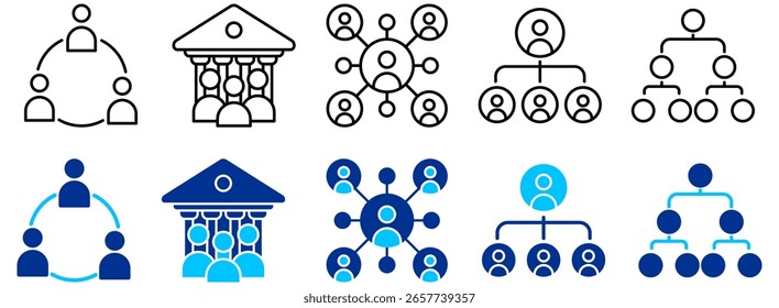 Teamwork, Organisationsstruktur und Benutzernetzwerk-Symbolsatz - Umriss und Duotone