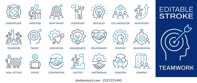 Conjunto de ícones da estrutura de tópicos do trabalho em equipe. Coleção de trabalho em equipe, colaboração, liderança, gerenciamento e muito mais. Ilustração vetorial. Traçado editável.