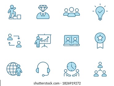 iconos vectoriales de esquema de trabajo en equipo en dos colores aislados en blanco. conjunto de iconos azules de trabajo en equipo para diseño web y ui, aplicaciones móviles y productos de impresión