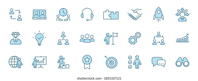 teamwork outline vector icons in two colors isolated on white. teamwork blue icon set for web and ui design, mobile apps and print products