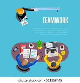 Teamwork overhead. Vector people employee colleague at business meeting table. Businesswoman brainstorming reporting or coaching at whiteboard illustration. Teamwork, partnership and collaboration
