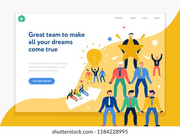 Teamwork page design with new ideas and dreams symbols flat vector illustration