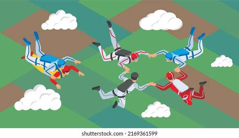 Teamwork parachuting isometric composition with group of athletes holding hands free falling through from sky among clouds vector illustration