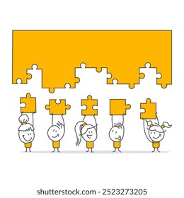 Teamwork. Teamwork of partners striving to achieve common goals and benefit the company. Business people hold puzzles in their hands, putting together a single structure.