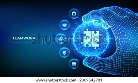 Teamwork and Partnership business concept concept in the shape of polygonal sphere in wireframe hand. Global cooperation communication network. Puzzle Team elements. Vector illustration.